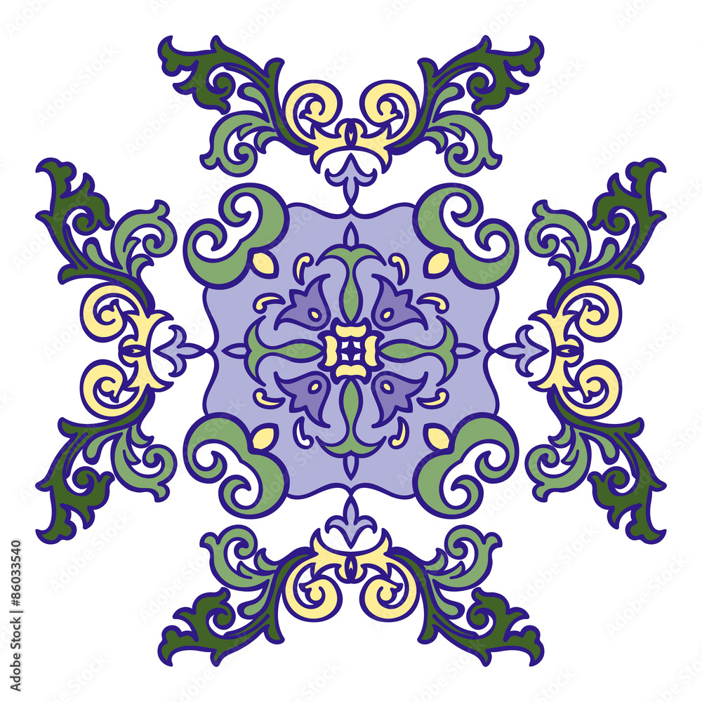 Hand drawing zentangle mandala color element. Italian majolica style
