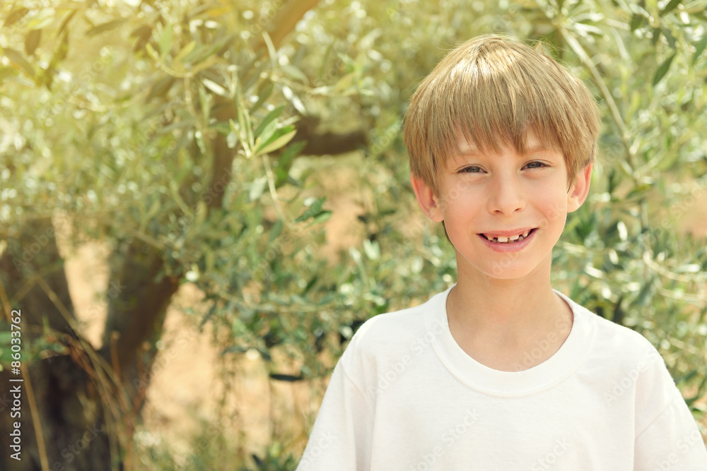 Young cheerful boy in olive trees garden, mediterranean olive fi Young cheerful boy in olive trees garden, mediterranean olive fi