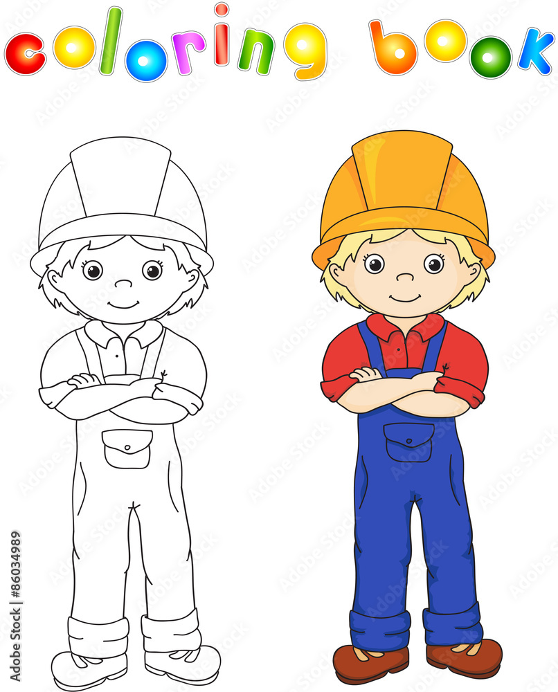 Worker in overalls and helmet. Coloring book. Game for children
