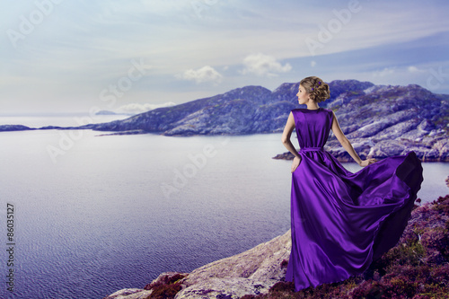Woman Purple Dress, Mountains Sea, Elegant Girl on Coast, Waving Gown