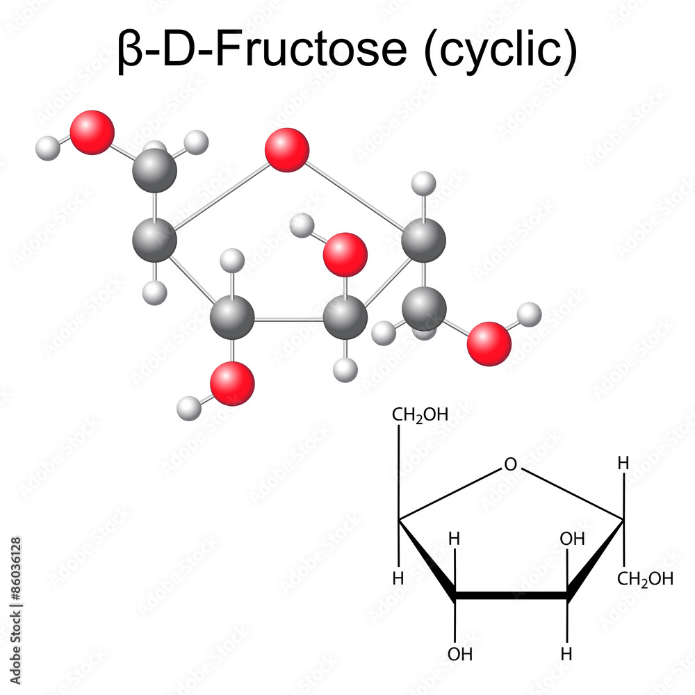 Structural chemical formula and model of fructose Structural chemical formula and model of fructose