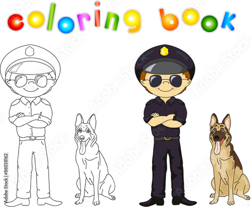 Policeman in black uniform and cap with guard dog. Coloring book