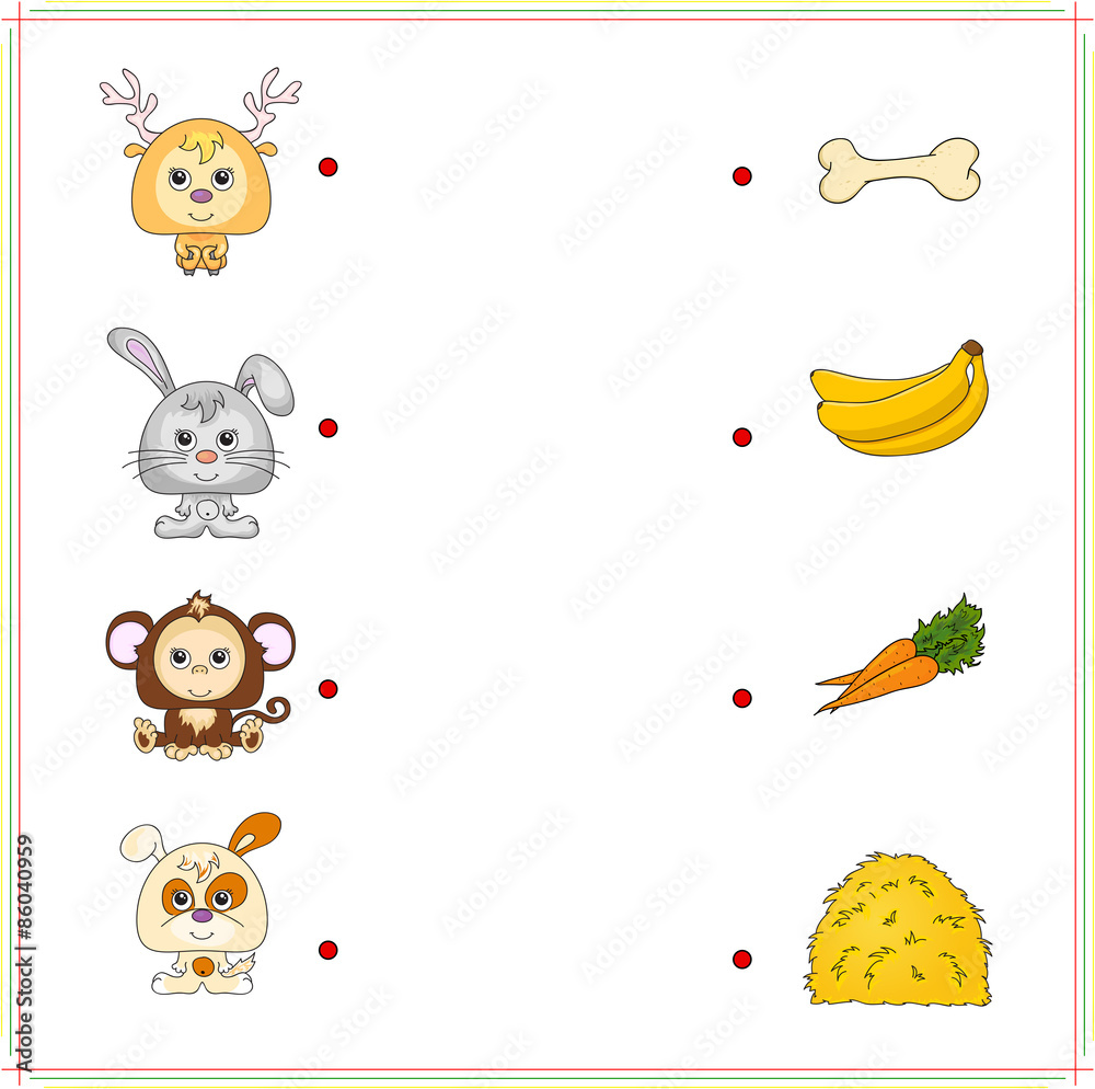 Deer, rabbit, monkey and dog with their food (bone, banana, carr