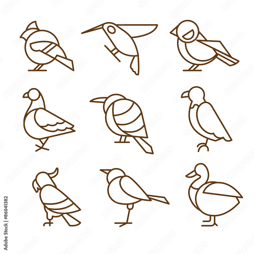 Naklejka premium Bird Icons, Thin Line Style, Flat Design