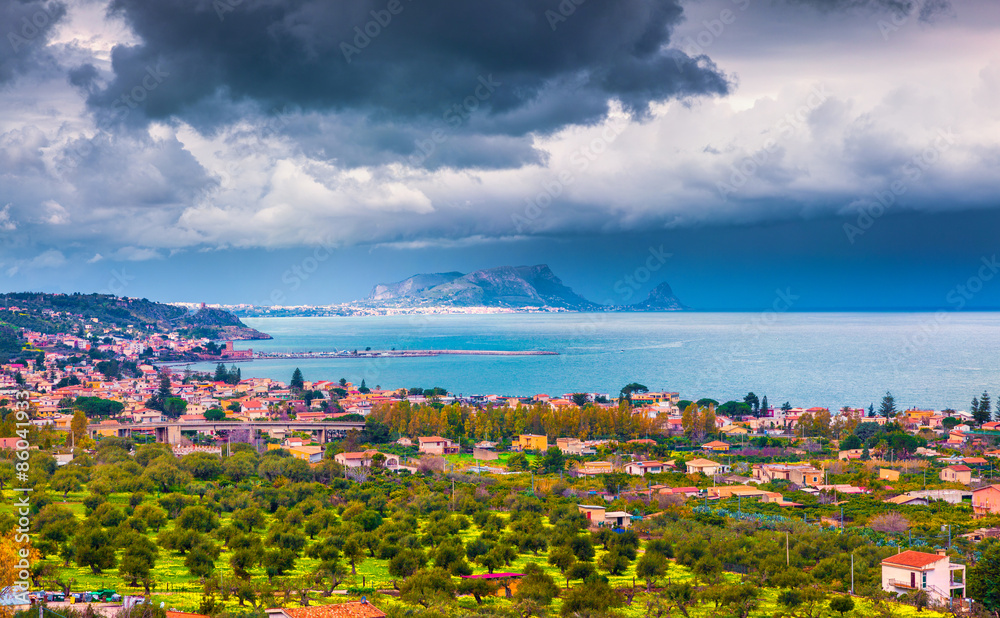 Rain clouds over the northern coast of Sicily