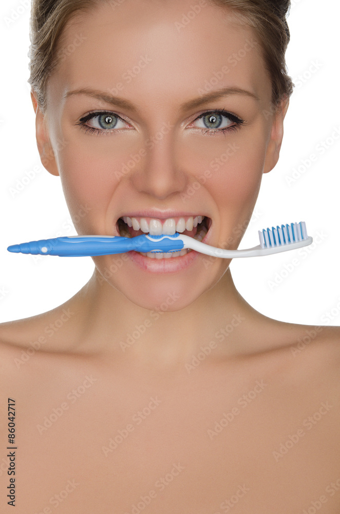 Portrait beautiful woman with toothbrush in teeth Portrait beautiful woman with toothbrush in teeth