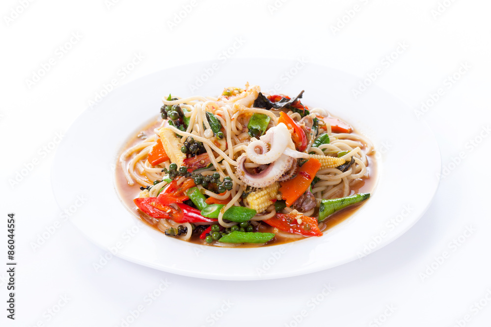 Seafood pasta on white background