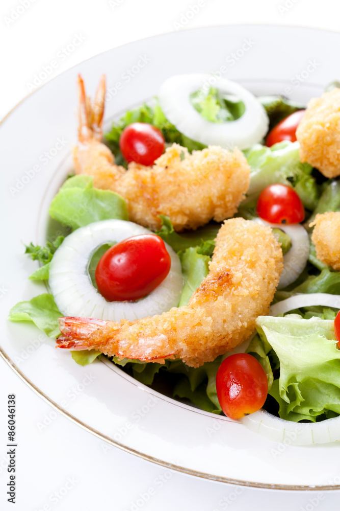 Deep fried shrimp with salad and mayonnaise on dish Deep fried shrimp with salad and mayonnaise on dish