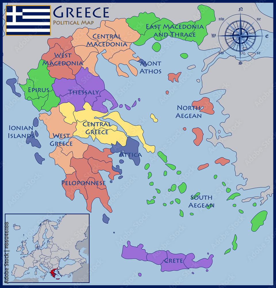 Obraz premium Map, Flag and Location of Greece