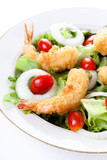 Deep fried shrimp with salad and mayonnaise on dish