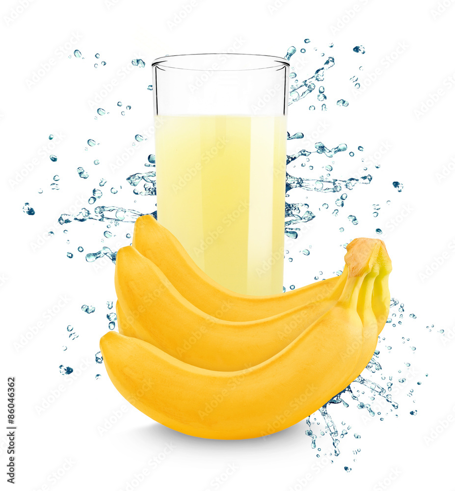 banana juice in a glass splash isolated on white