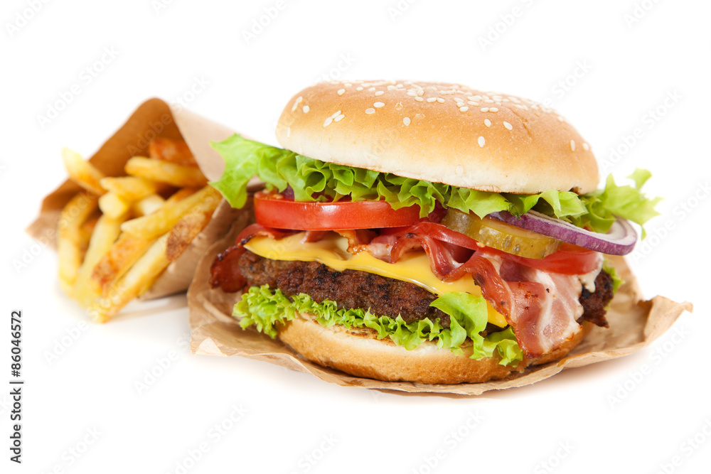 Delicious hamburger and fries Delicious hamburger and fries