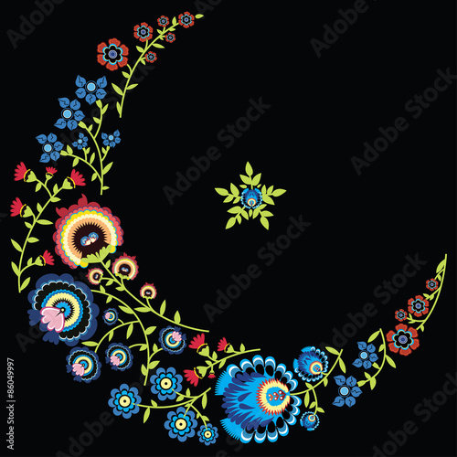 Polish folk floral pattern in moon and star  shape on  black background
