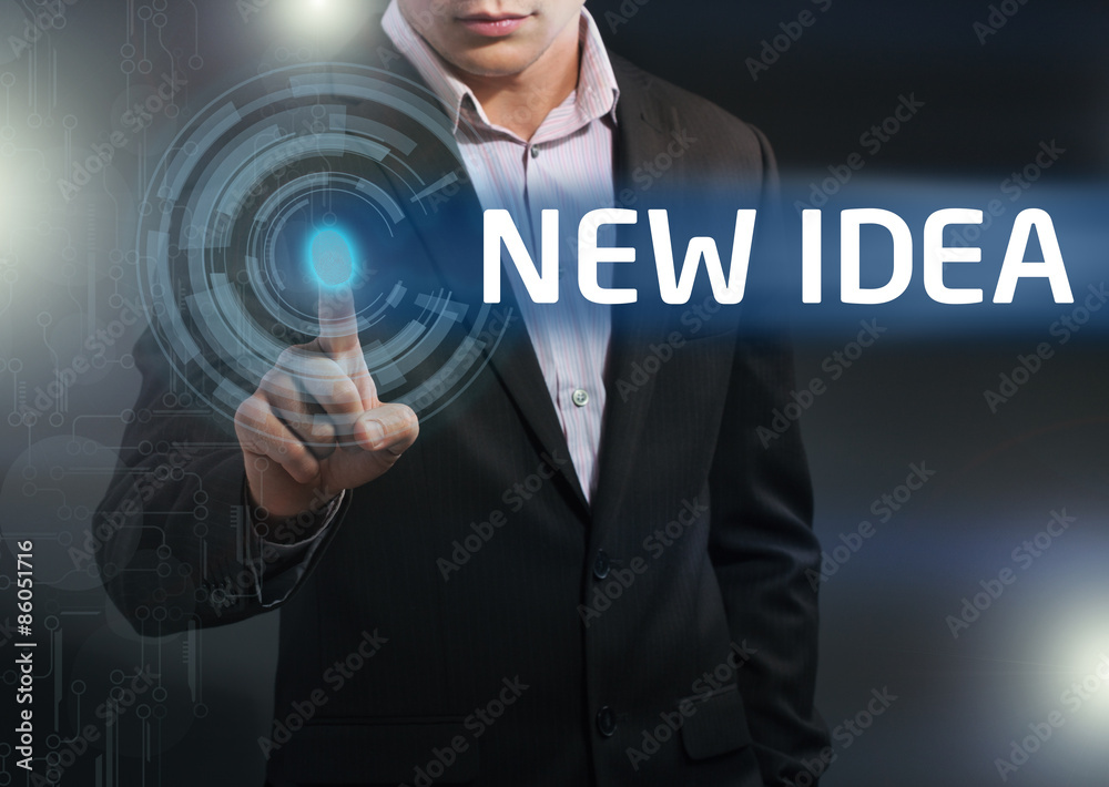 Businessman presses button new idea on virtual screens. Business Businessman presses button new idea on virtual screens. Business