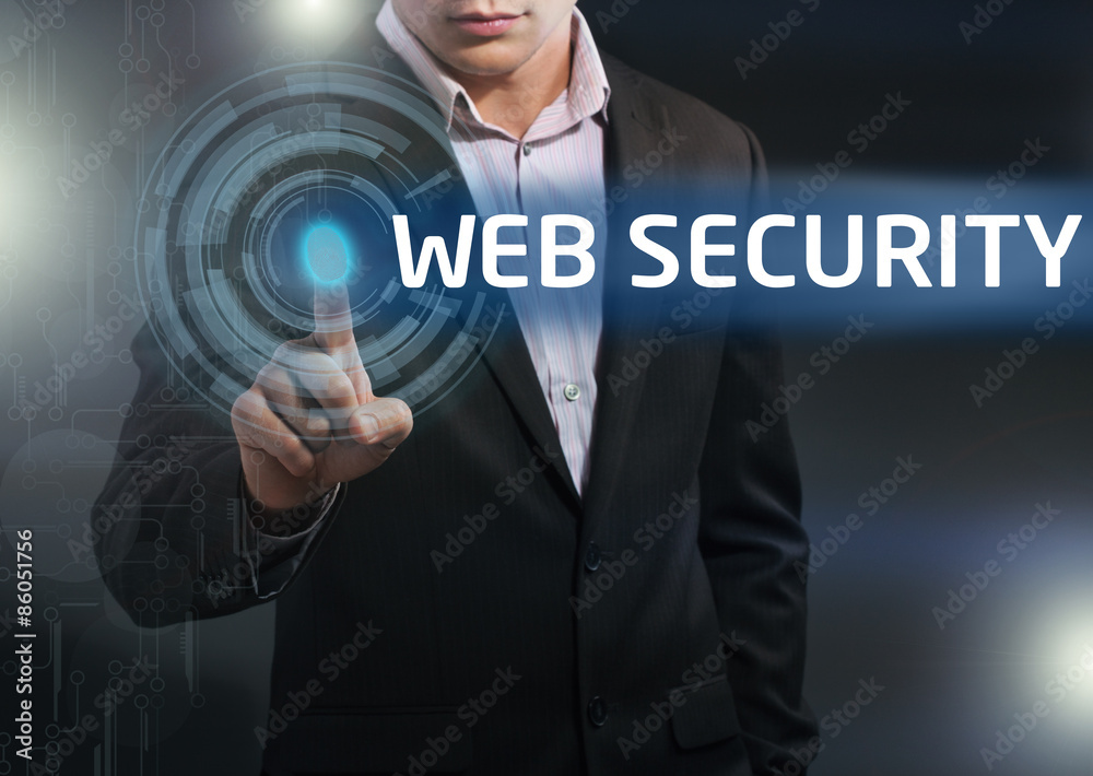Businessman presses button web security on virtual screens. Busi Businessman presses button web security on virtual screens. Busi