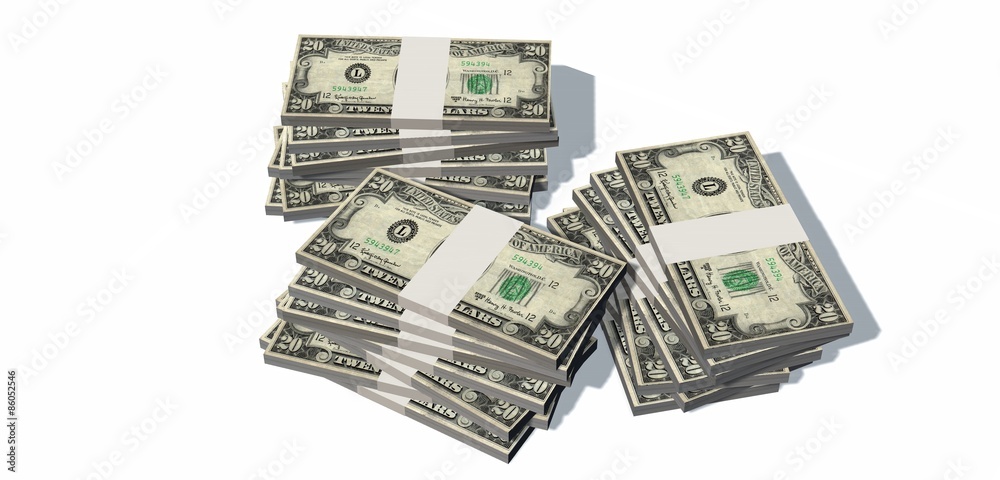 Stacks of 20 dollars Bills isolated on white background Stacks of 20 dollars Bills isolated on white background