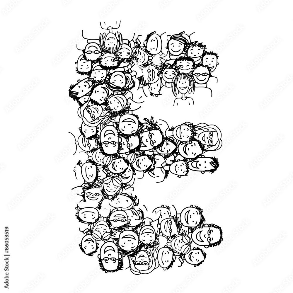 Letter E, people crowd, vector alphabet design Letter E, people crowd, vector alphabet design