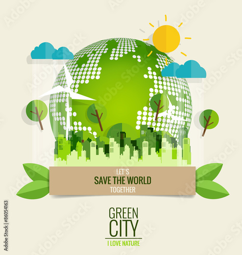 ECO FRIENDLY. Ecology concept with Green Eco Earth and Trees. Ve