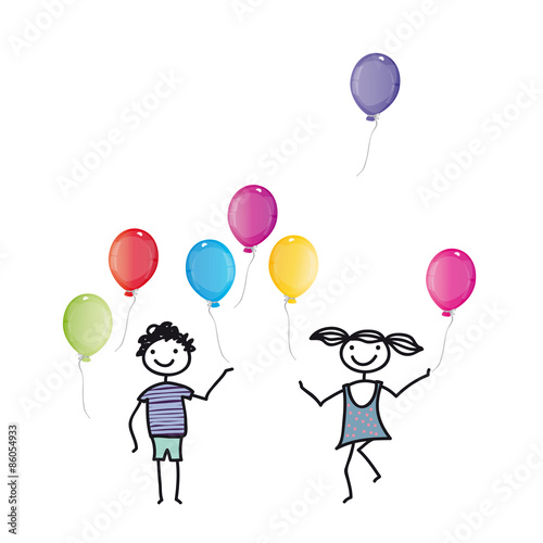 Kindergeburtstag - Geburtstag - Zwei fr  hliche Kinder spielen mit sieben bunten Luftballons  Abstand halten  Hygieneregeln beachten