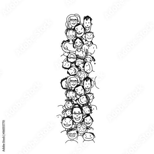 Letter I, people crowd, vector alphabet design