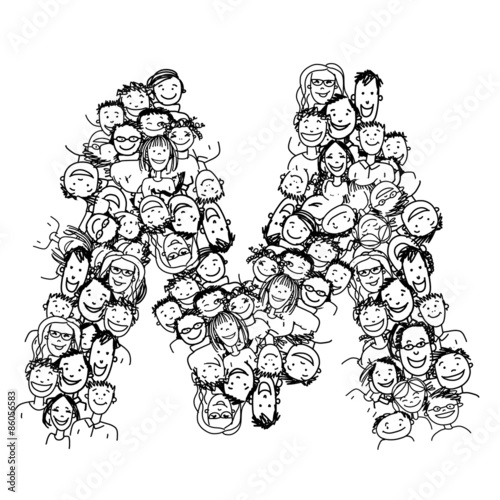 Letter M, people crowd, vector alphabet design
