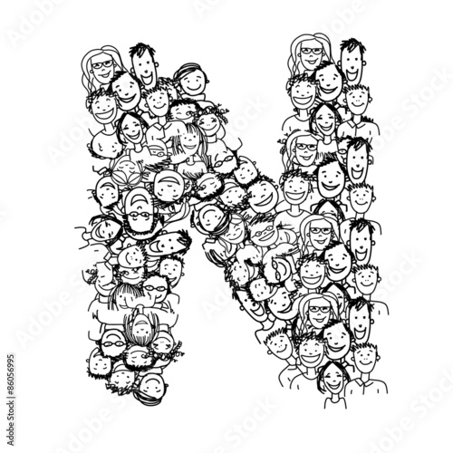 Letter N, people crowd, vector alphabet design