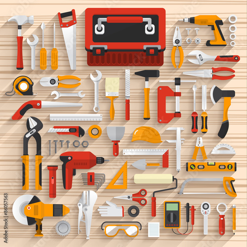 Flat design concept hand work tools box set.Vector illustrate.
