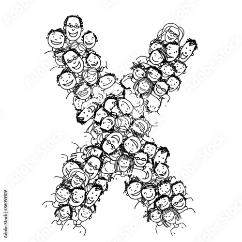 Letter X, people crowd, vector alphabet design
