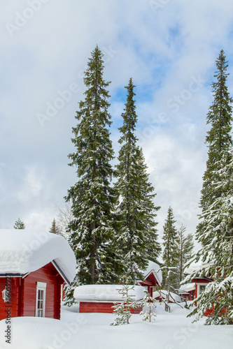 Red winter cottages portrait