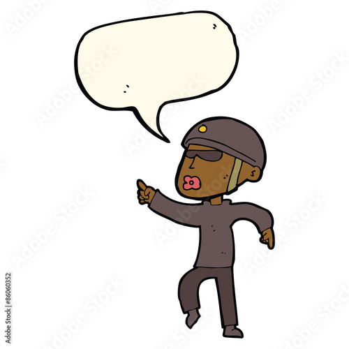 cartoon man in bike helmet pointing with speech bubble