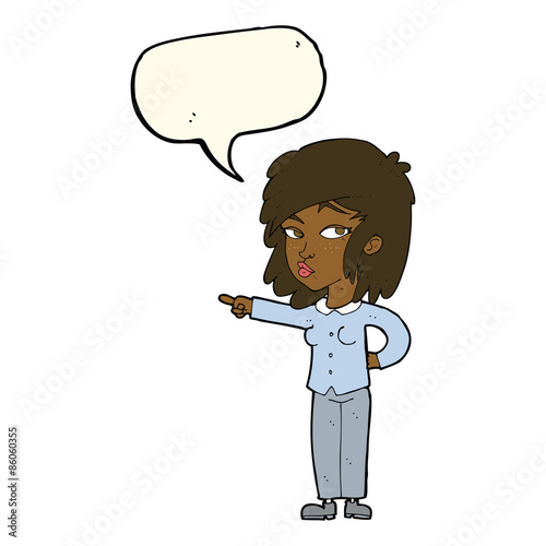 cartoon woman pointing with speech bubble