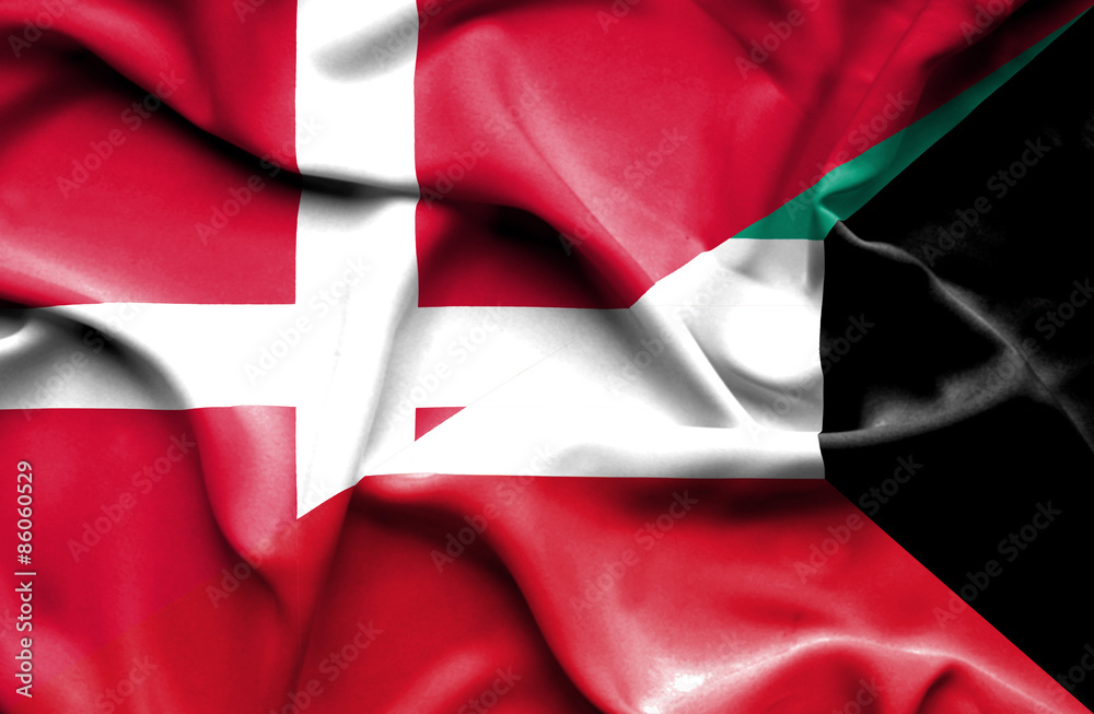 Waving flag of Kuwait and Denmark