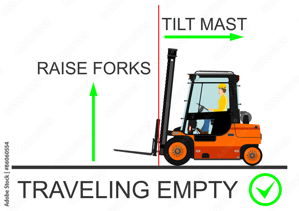 Forklift truck operations concept. Traveling withoud loads. Forklift