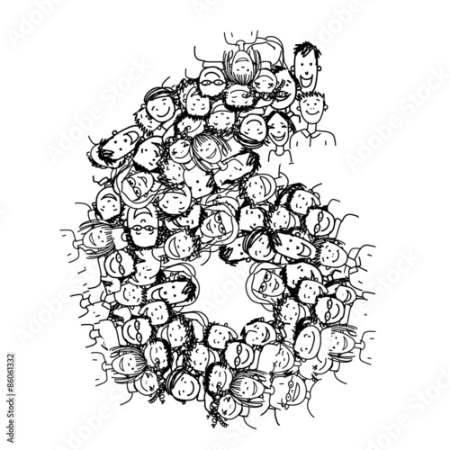 Number six, people crowd, vector alphabet design