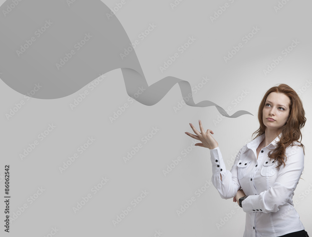 Business woman and blank speech bubble on gray background. Business woman and blank speech bubble on gray background.