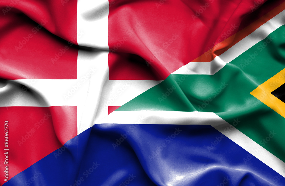 Waving flag of South Africa and Denmark