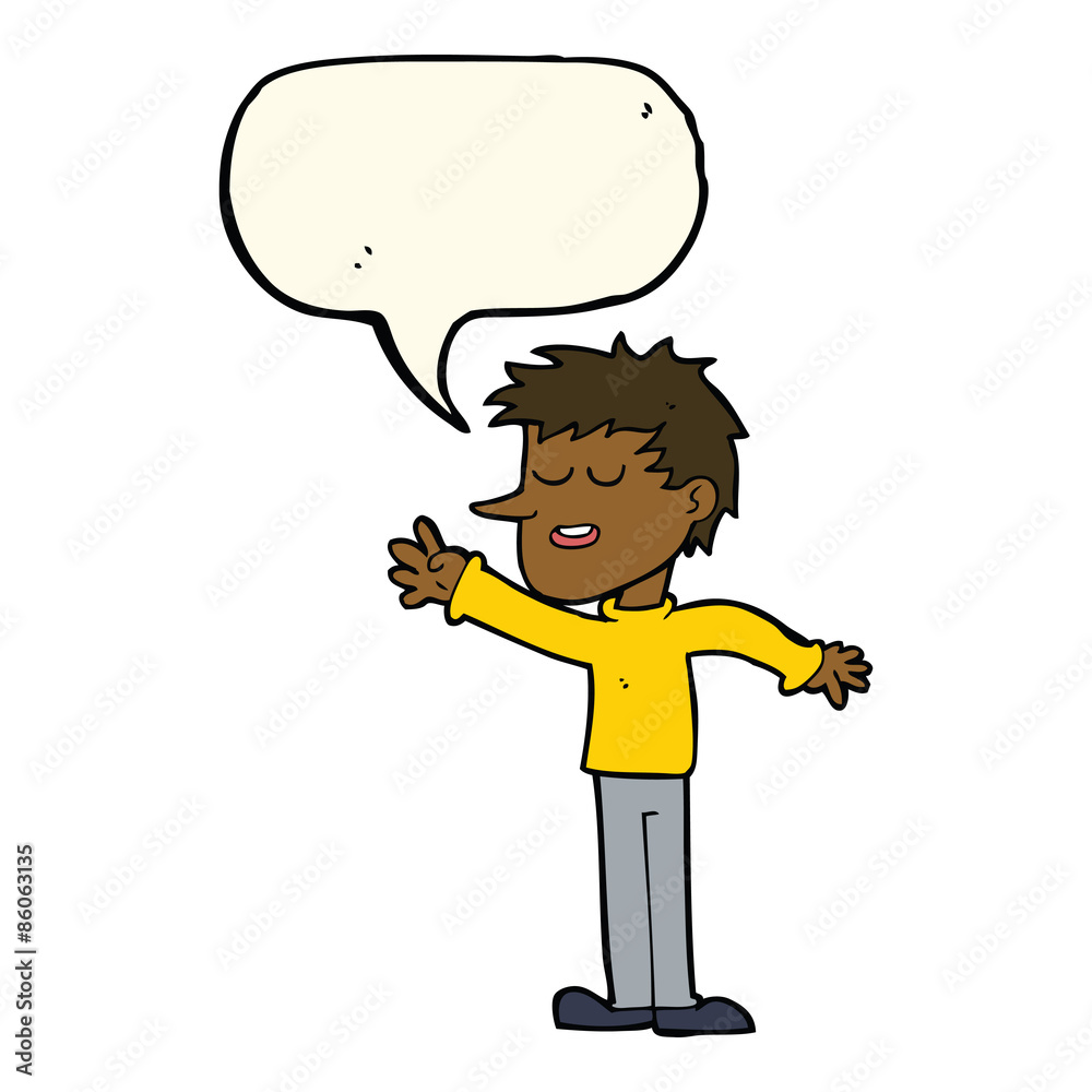 cartoon happy man reaching with speech bubble cartoon happy man reaching with speech bubble