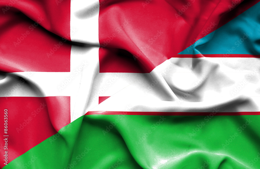 Waving flag of Uzbekistan and Denmark