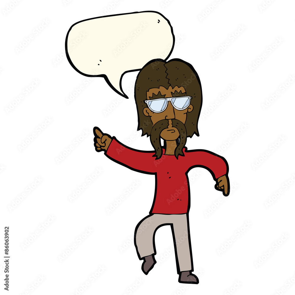 cartoon hippie man wearing glasses with speech bubble cartoon hippie man wearing glasses with speech bubble