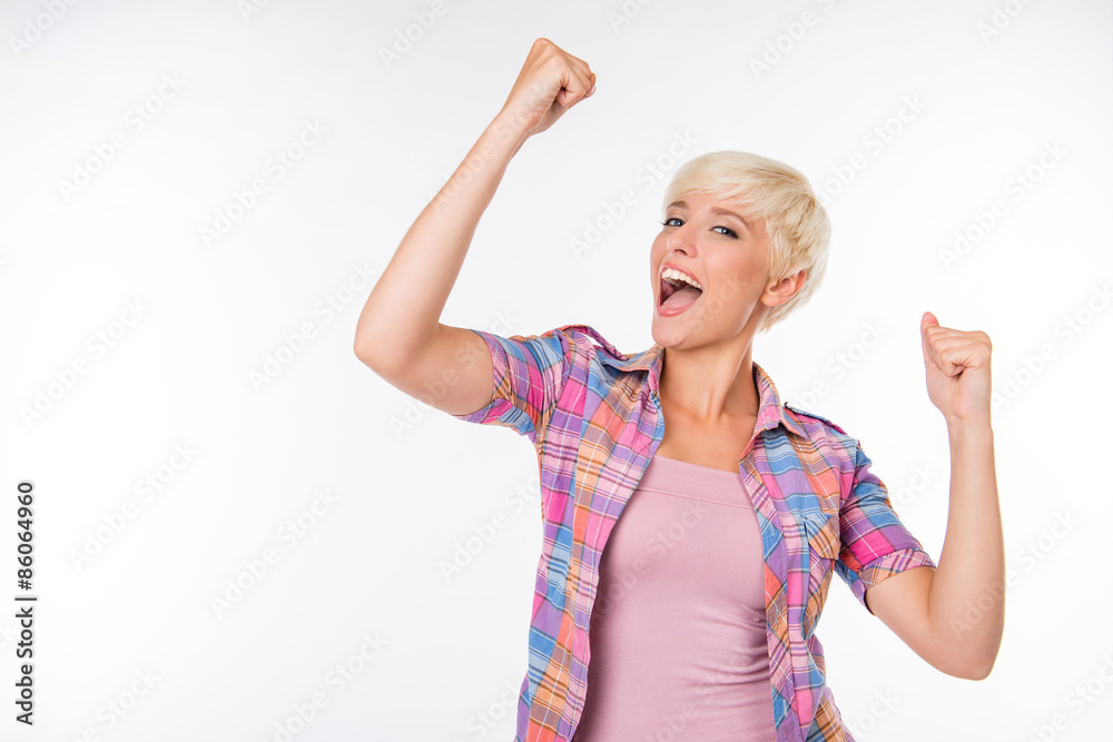 successful achieving the goal. Happy girl gesturing successful achieving the goal. Happy girl gesturing