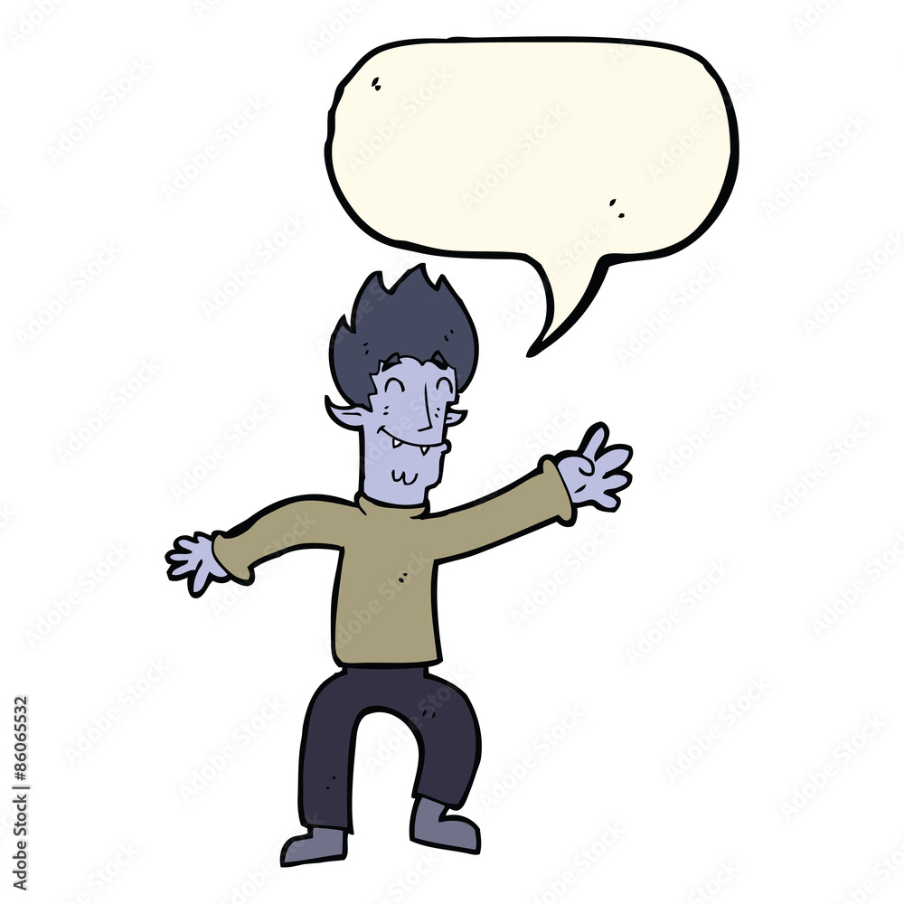 cartoon happy vampire man with speech bubble