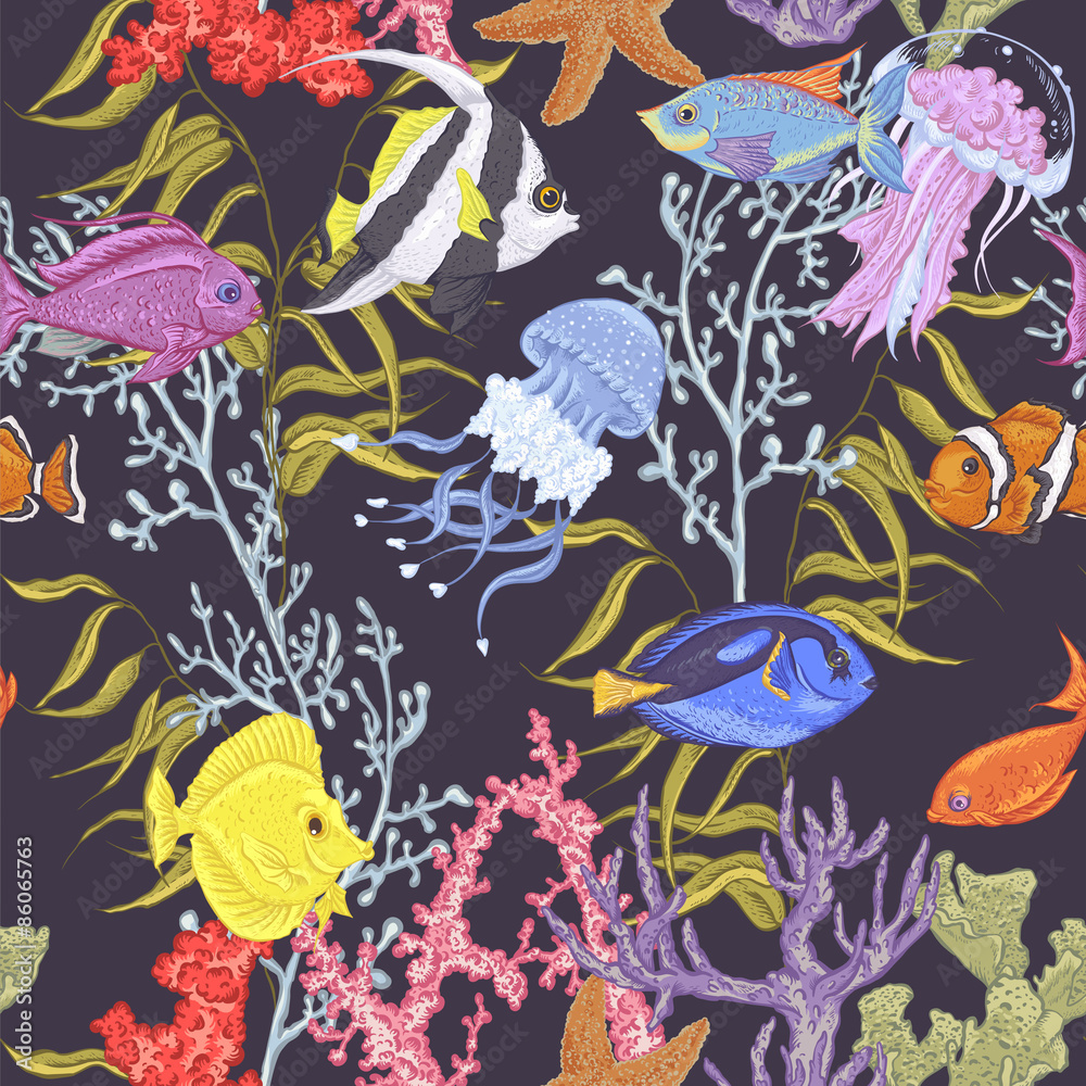 Fototapeta premium Sea life seamless background, underwater vector illustration