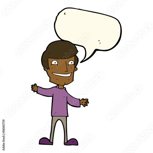 cartoon grinning man with speech bubble
