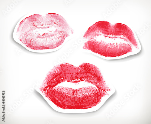 Lipstick kiss in red and pink, vector stickers