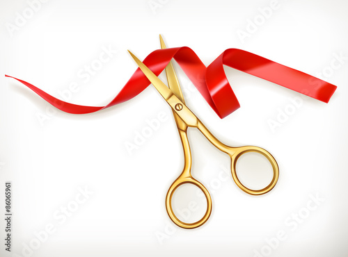 Golden scissors cut the red ribbon, vector object