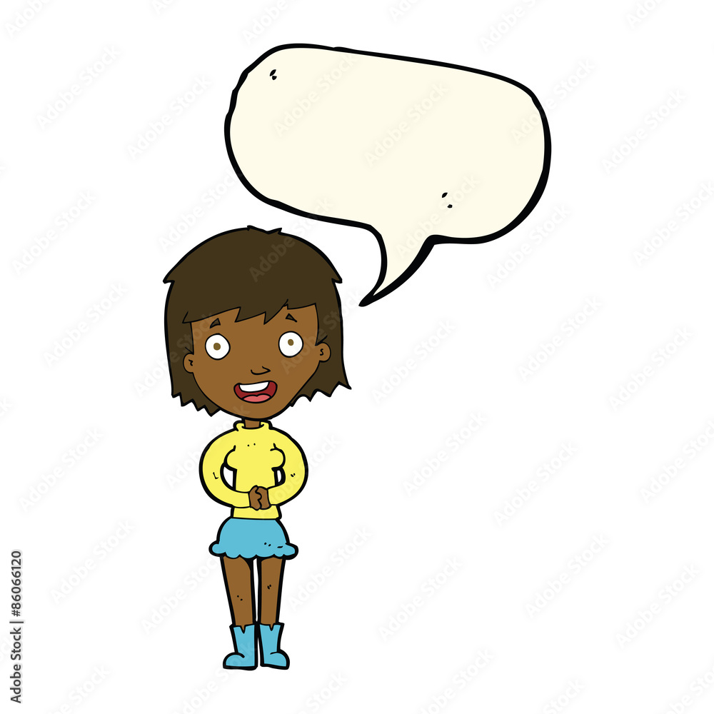 cartoon excited woman with speech bubble