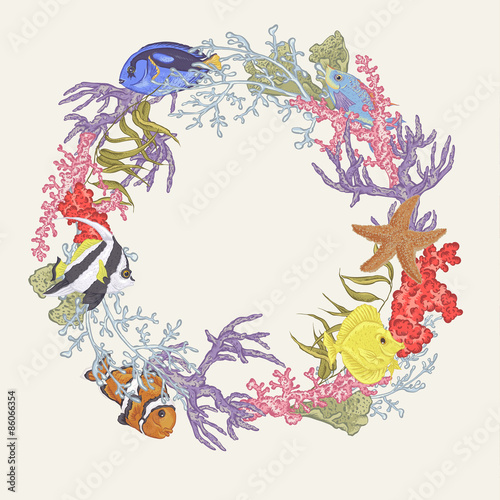 Sea life Vintage Round Frame with Fish and Seaweed