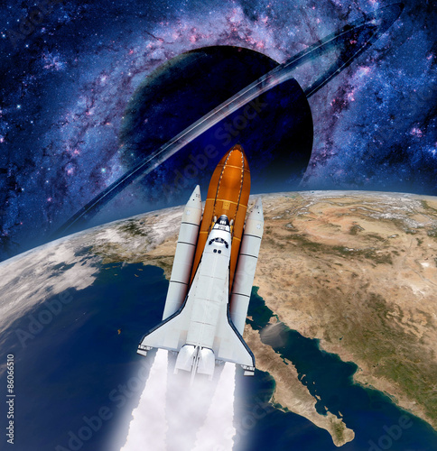 Fototapeta Naklejka Na Ścianę i Meble -  Space shuttle rocket launch spaceship Earth saturn planet. Elements of this image furnished by NASA.