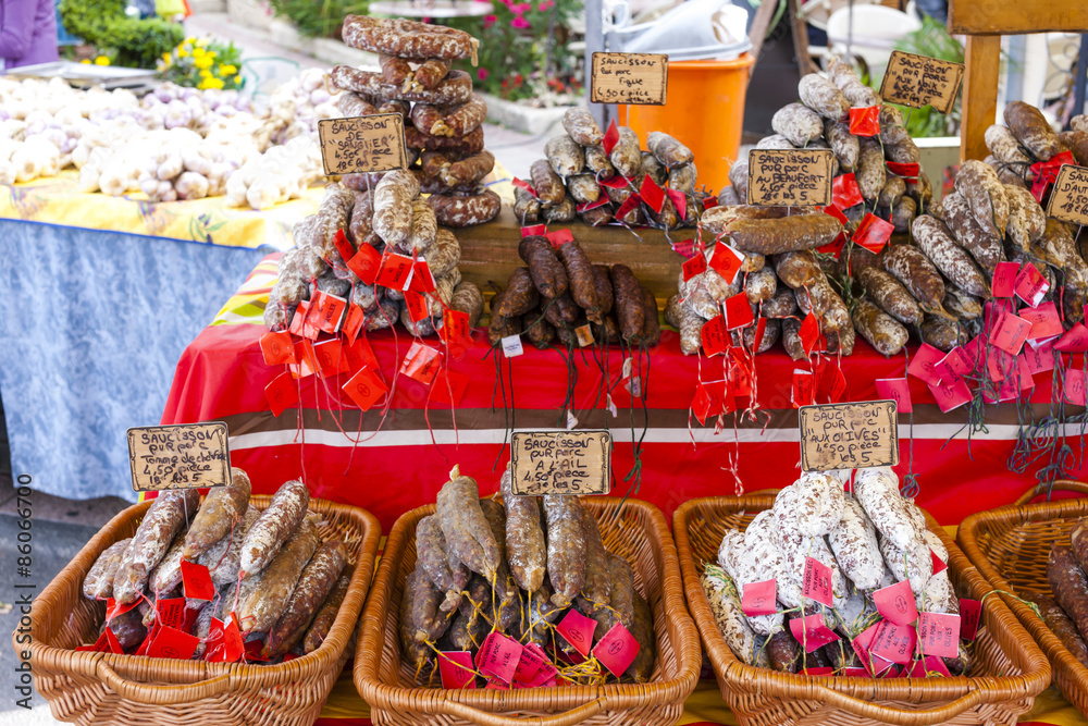 Fototapeta premium sausages, market in Nyons, Rhone-Alpes, France