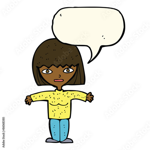 cartoon woman with open arms with speech bubble